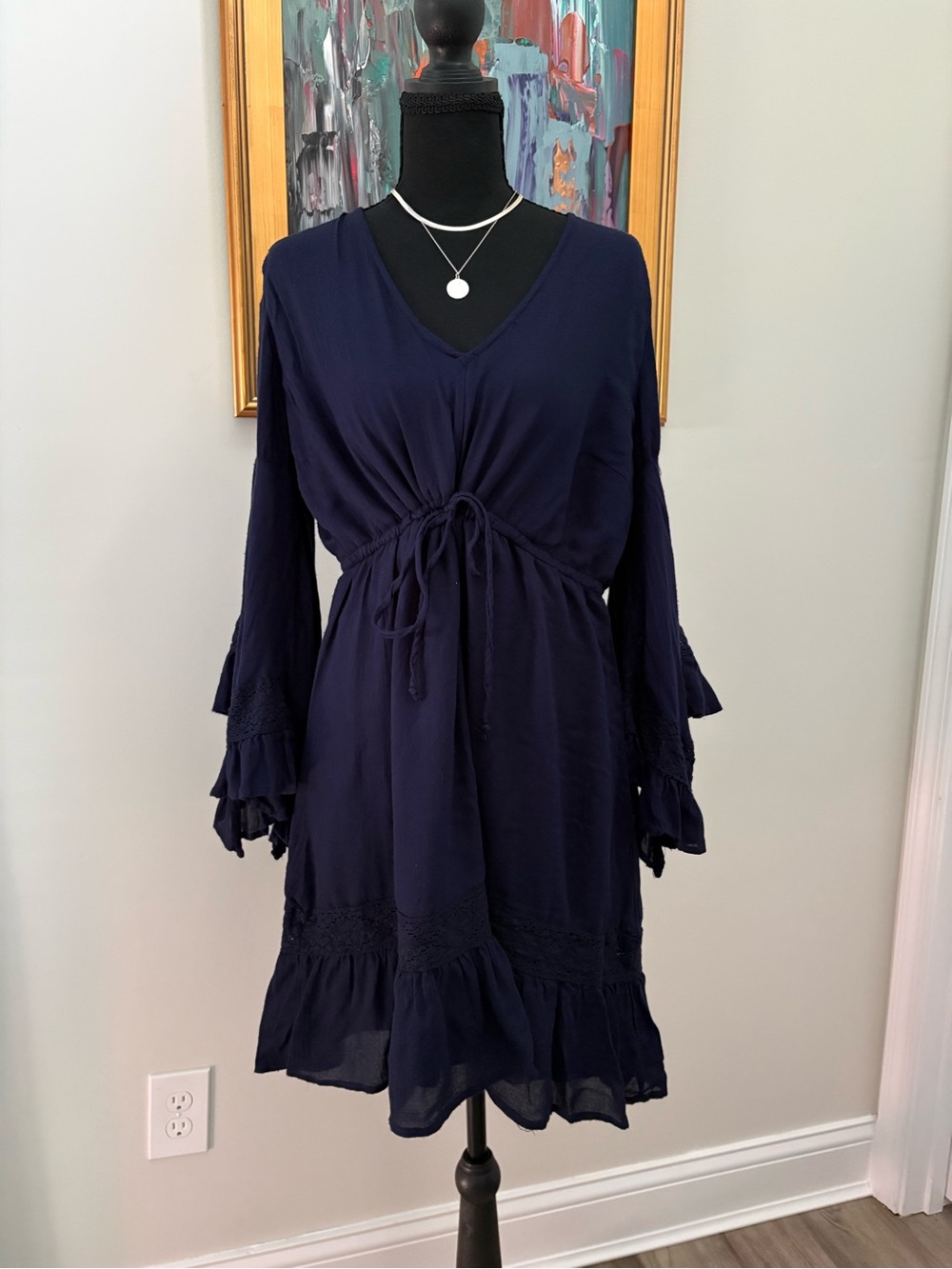 New York & Company Navy V-Neck Drawstring Waist Ruffle Hem Dress